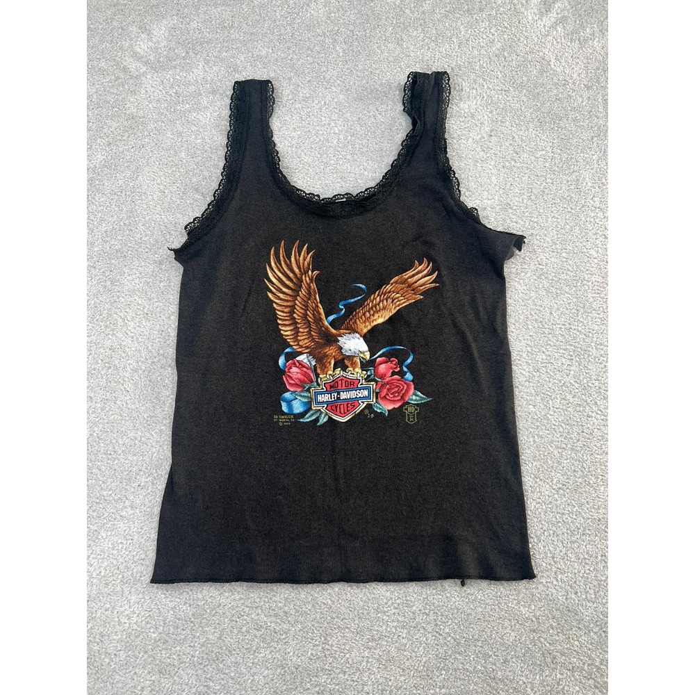 Vintage 1980's Harley Davidson 3D Emblem Tank Top Black Lace Trim Eagle Roses M